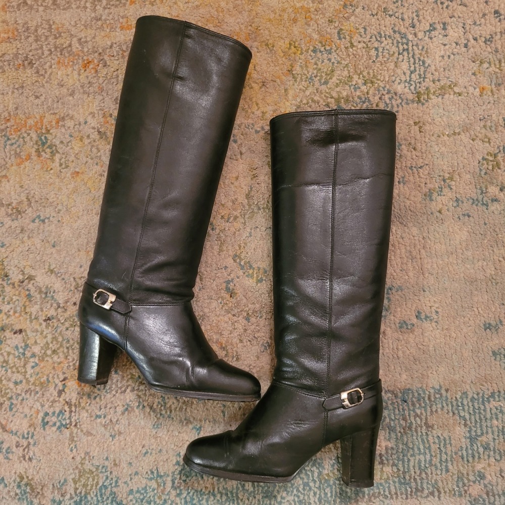 VTG Black Leather Boots 6B Knee High Tall Buckle Riding Equestrian Classic 90s